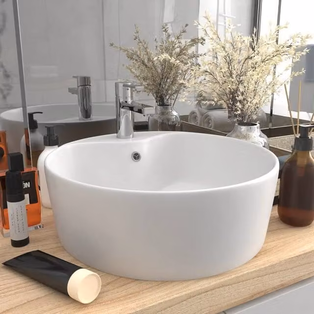 Berkfield Home Luxury Round Ceramic Countertop Wash Basin with Overflow, Matt White, W: 36 cm, D: 13 cm, H: 13 cm – 1