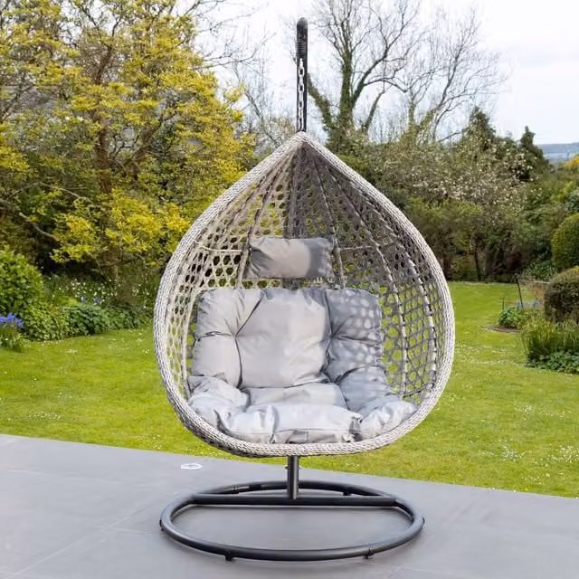 Artemis Home Oakley Swing Single Egg Pod Chair in Grey with Stand and Cushions, H 190 x W 103 x D 80 cm