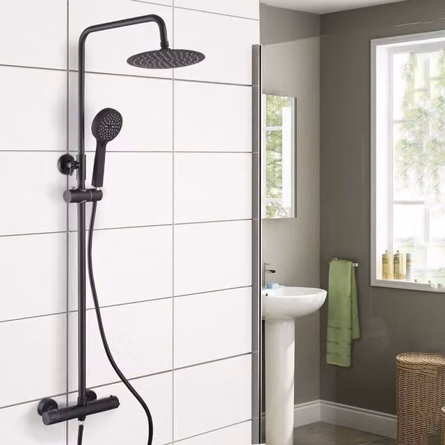 Nes Home Black Regent Round Exposed Thermostatic Shower Mixer and Slider Rail Kit in Matt Black – 1