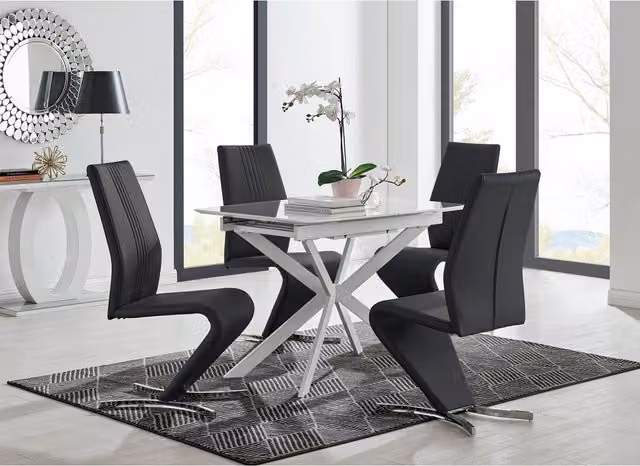 FurnitureboxUK LIRA 100 Extending Rectangular Glass Dining Table and 4 Willow Chairs in Black and White