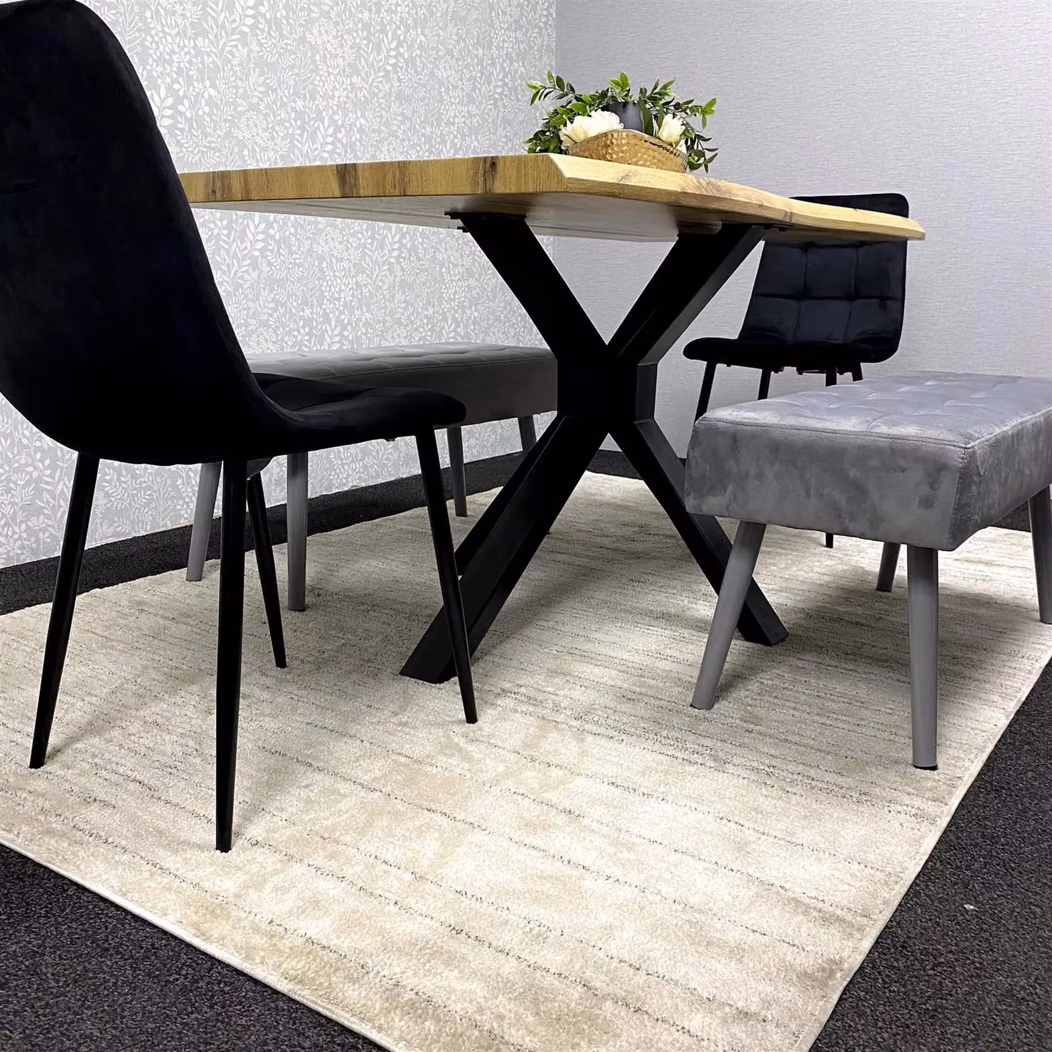 KOSY KOALA Modern Brown Wooden Rectangular Dining Set with 2 Black Velvet Chairs and 1 Grey Padded Bench – 6