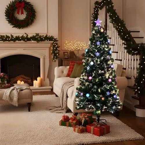 Shatchi 150 cm Green Fibre Optic Pre-Lit Christmas Tree with Multicolour Lights, Baubles and Star Topper – 3