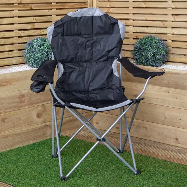 Samuel Alexander Luxury Padded High Back Folding Outdoor Camping and Fishing Chair in Black and Grey with Textilene Fabric and Powder Coated Steel Frame