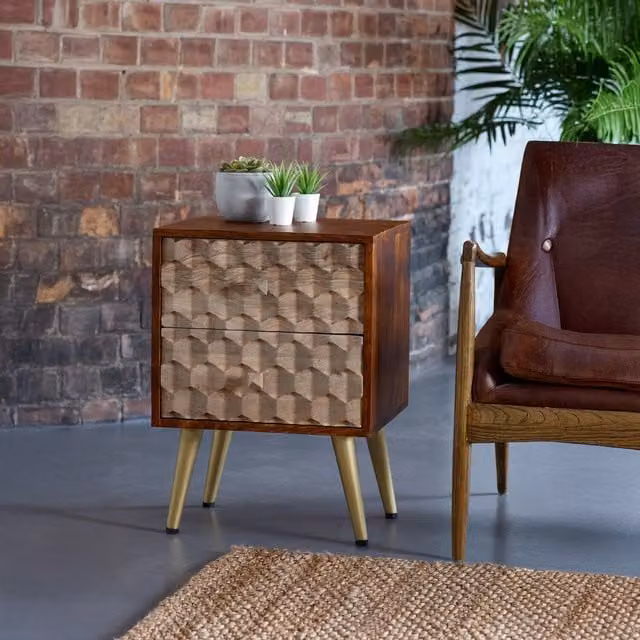 IH Design Retro Mango Wood and Metal 2 Drawer Side Table in Brown and Gold