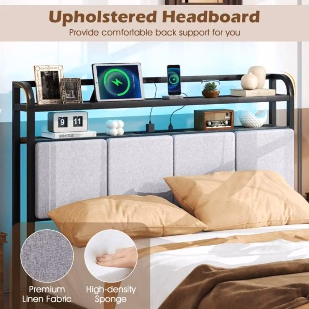 Costway Double Size Bed Frame in Brown with LED Under-Bed Lighting, USB Charging Port and Side Compartments, 140 x 200 cm – 4