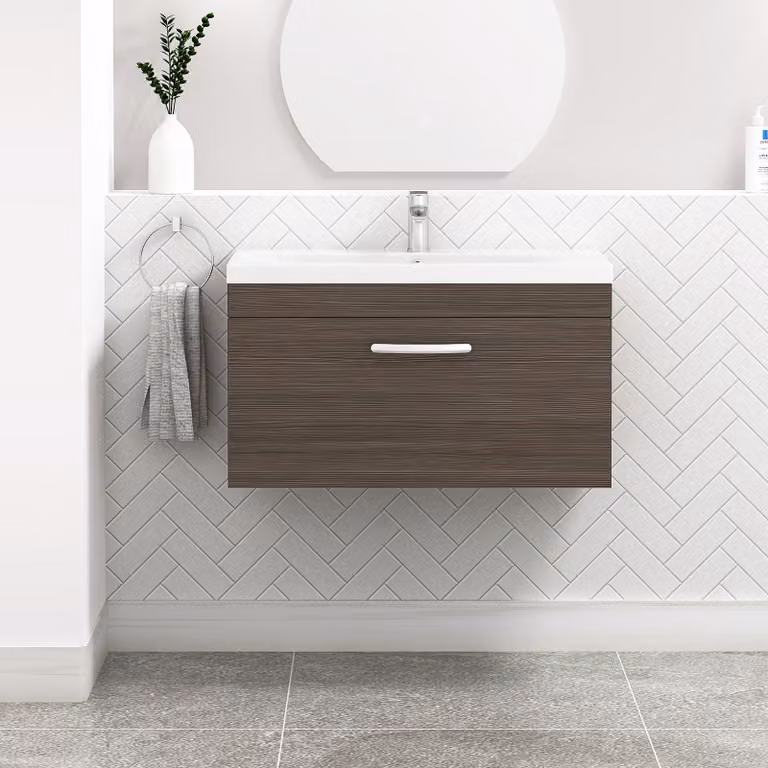 Royal Bathrooms Turin Wall Hung Vanity Sink Unit with Mid-Edge Basin, Grey Elm, Width: 80 cm