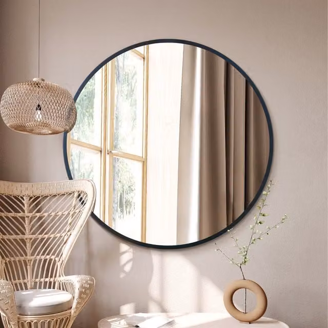 MirrorOutlet The Fenestra Modern Round Black Edged Wall Mirror, Diameter: 119.38 cm