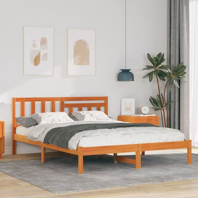 Berkfield Home Solid Pine Wood Bed with Headboard in Wax Brown, W/D/H: 200 x 140 x 80.5 cm – 1