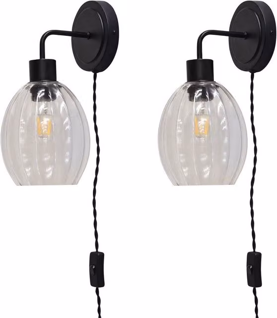 First Choice Lighting Toby Set of 2 Black Plug-in Wall Lights with Transparent Fluted Glass Shades