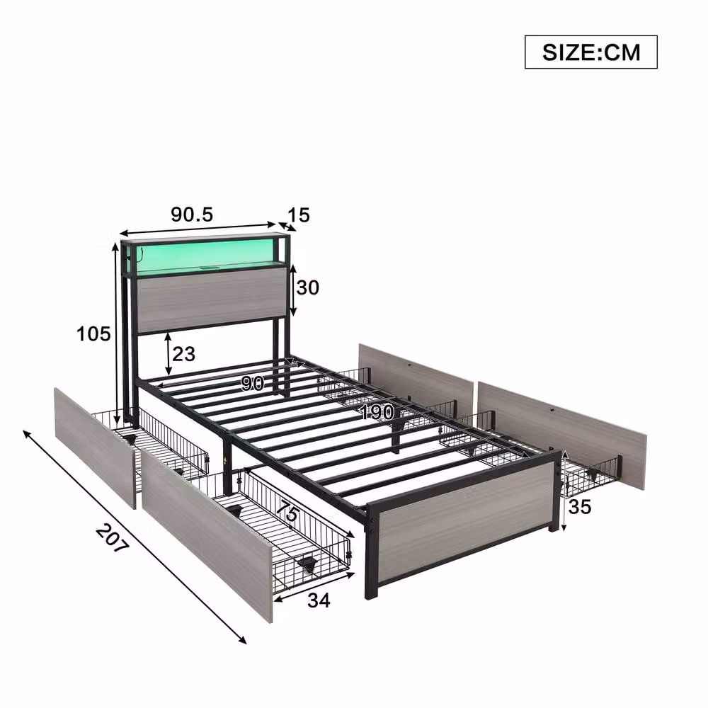 STILVORA Single Bed Frame in Grey with LED Lighting, USB Charging Port and 4 Drawers, W/D/H: 90 x 190 x 105 cm – 3