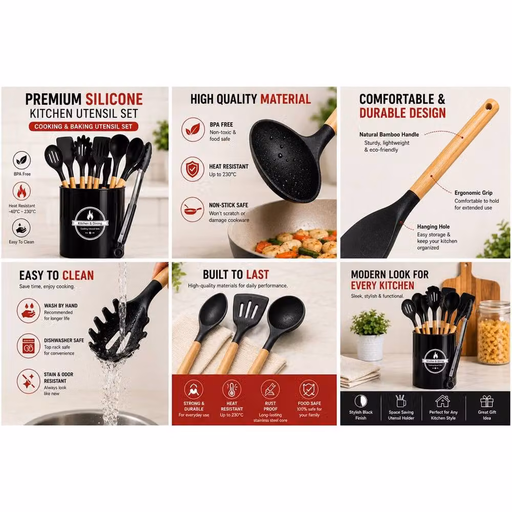 PAWNORA Silicone Kitchen Utensils Set in Black – 2