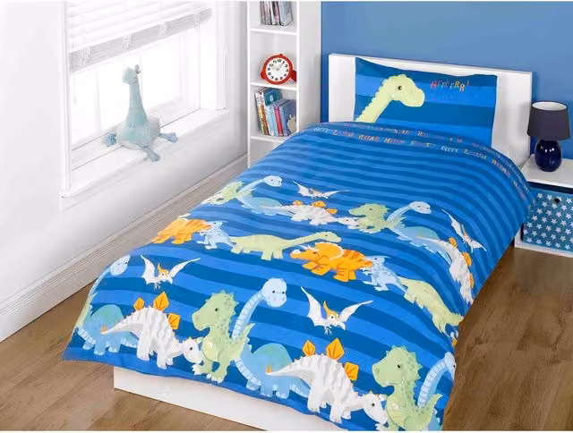 Rapport Home Blue Striped Dinosaur Childrens Polycotton Duvet Cover and Pillowcase Set