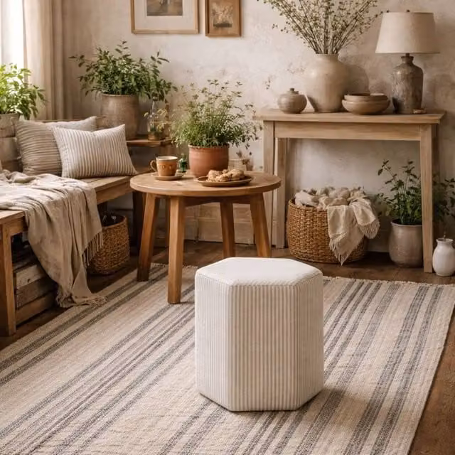 Wyld Haus Isabella Hexagon Upholstered Stool in Beige and White Stripe, W/D/H: 45.5 x 45.5 x 42 cm