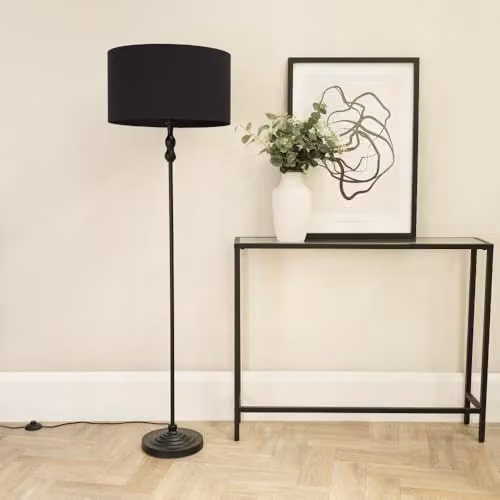 ValueLights Maggie Black Metal Candlestick Floor Lamp with Black Fabric Cylinder Shade – 2