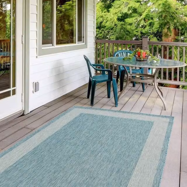 THE RUGS Weather Resistant Bordered Indoor Outdoor Garden Patio Rug in Aqua, W/D: 80 x 150 cm
