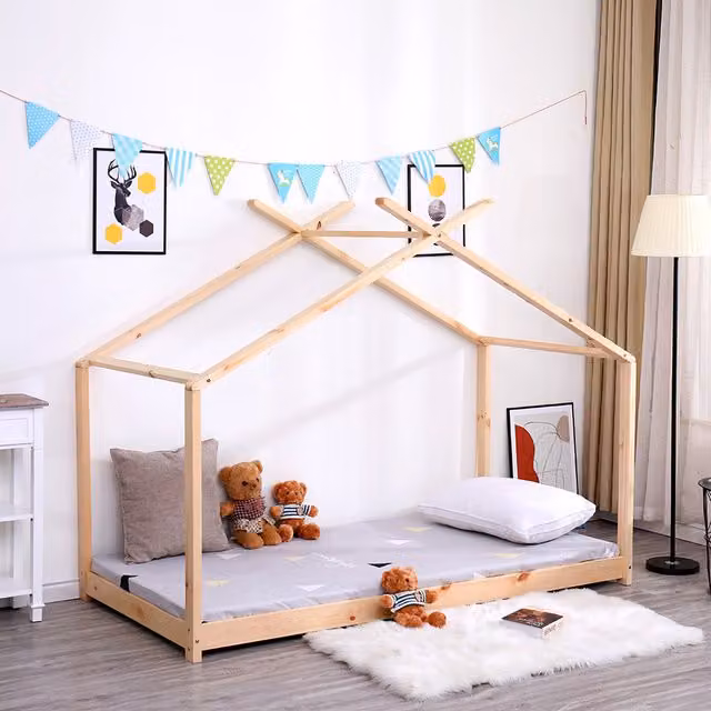 HMD Furniture Scandinavian House Frame Kids Single Bed Frame in Solid Pine Wood, 90 x 190 cm