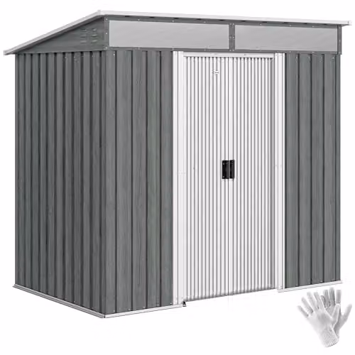 Outsunny Metal Pent Garden Shed in Grey with Sliding Door and Lockable Foundation – 1