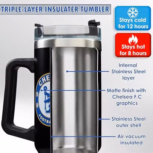Get Trend Chelsea FC Insulated Stainless Steel Tumbler with Straw and Handle, Black, 850ml – 4