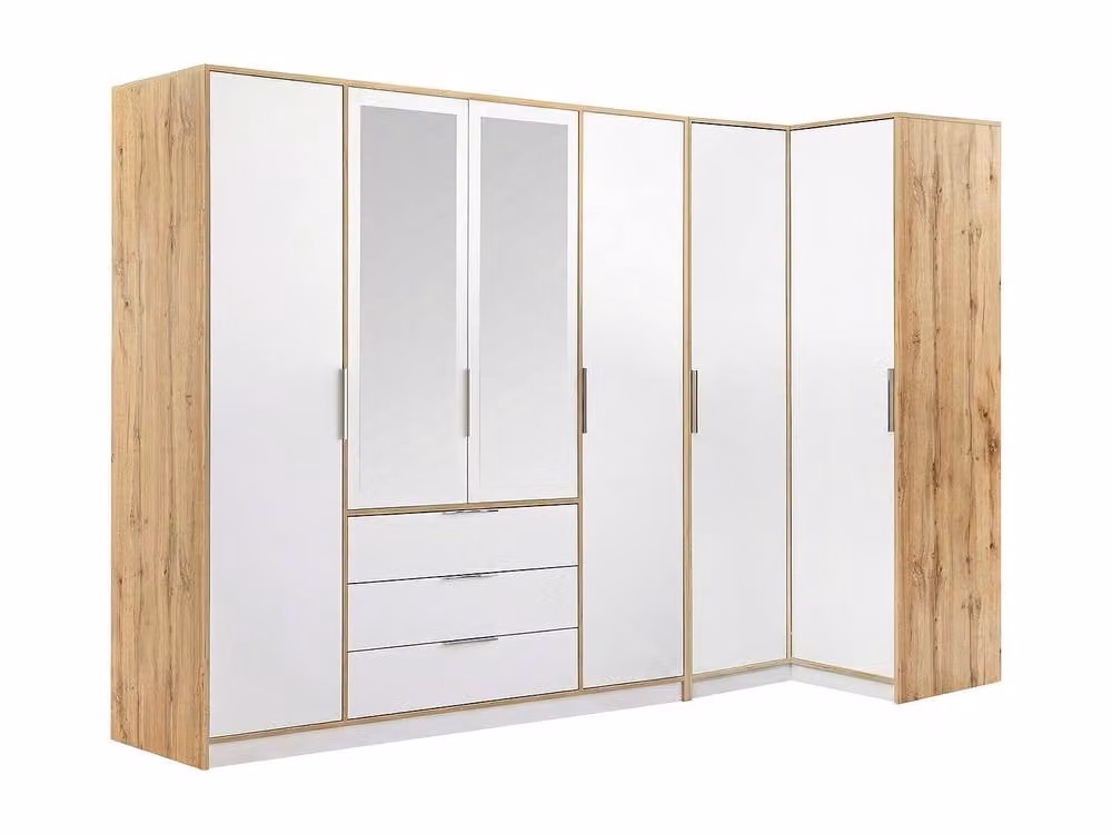 Vente-unique Modern Corner Wardrobe with 6 Doors, 3 Drawers and Mirrors in White and Beige, W: 302 cm – 2