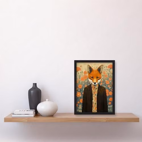 Artery8 Portrait of Dressed Fox in Suit and Shirt Floral Background Framed Wall Art Print, Orange and Brown, W: 23.4 cm, H: 29.7 cm – 2