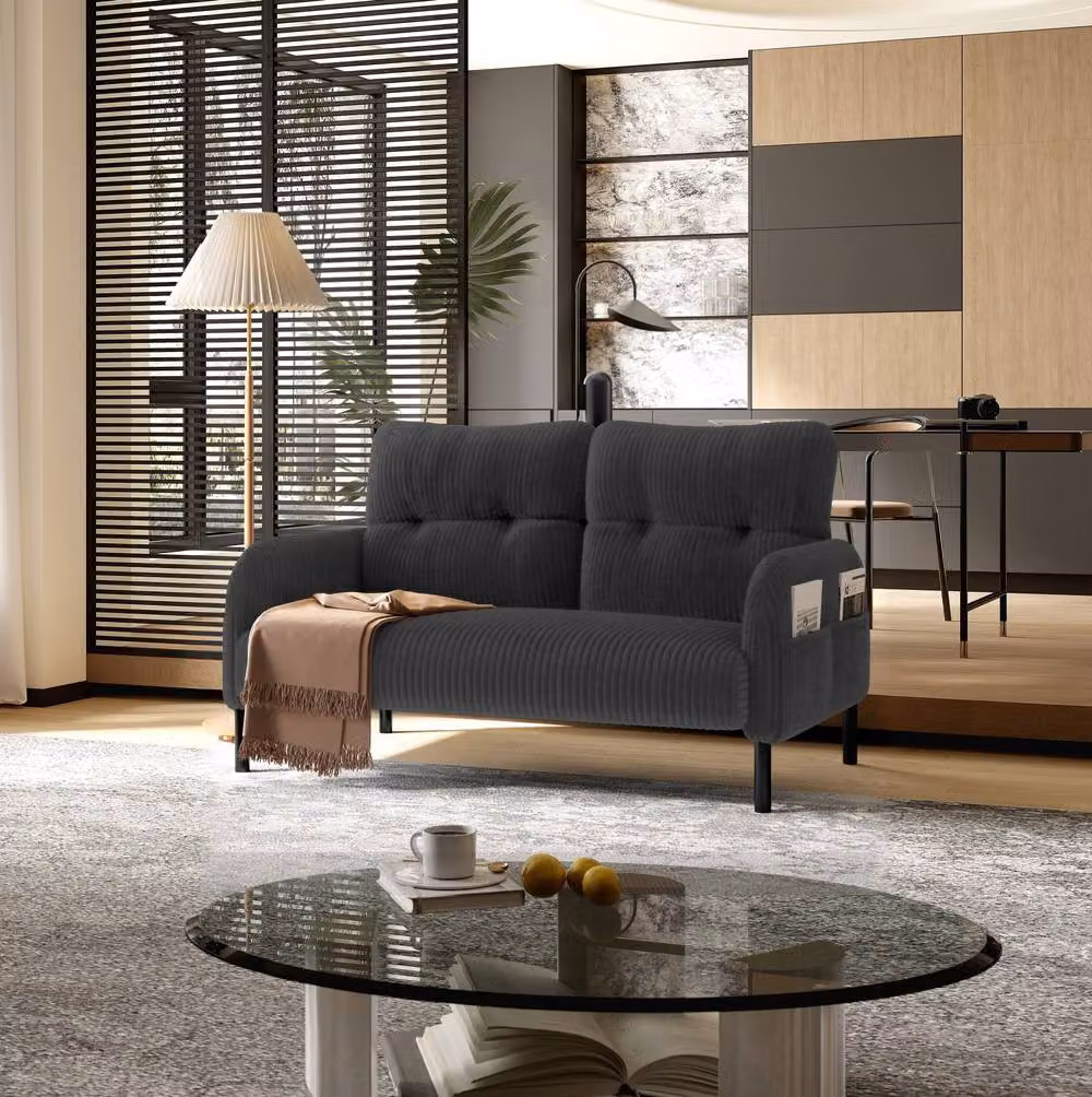 STILVORA Grey Corduroy Double Sofa with Side Pockets – 2