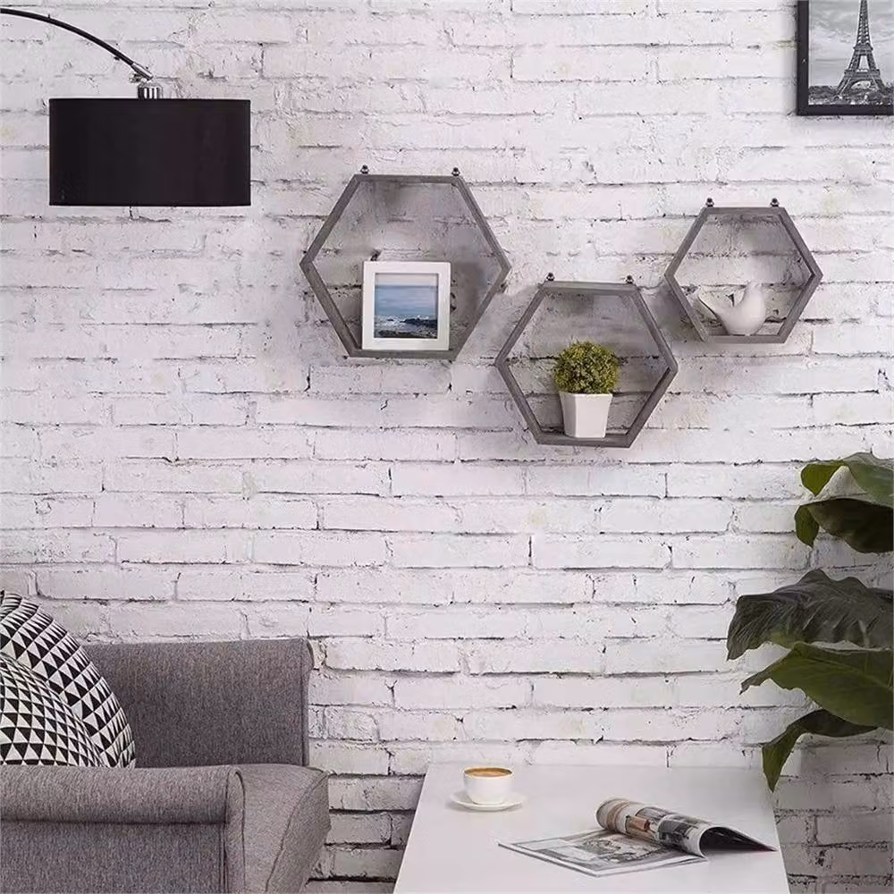 VOGREX Grey Hexagon Floating Wall Shelves, Set of 3 Matt Geometric Honeycomb Display Racks – 3