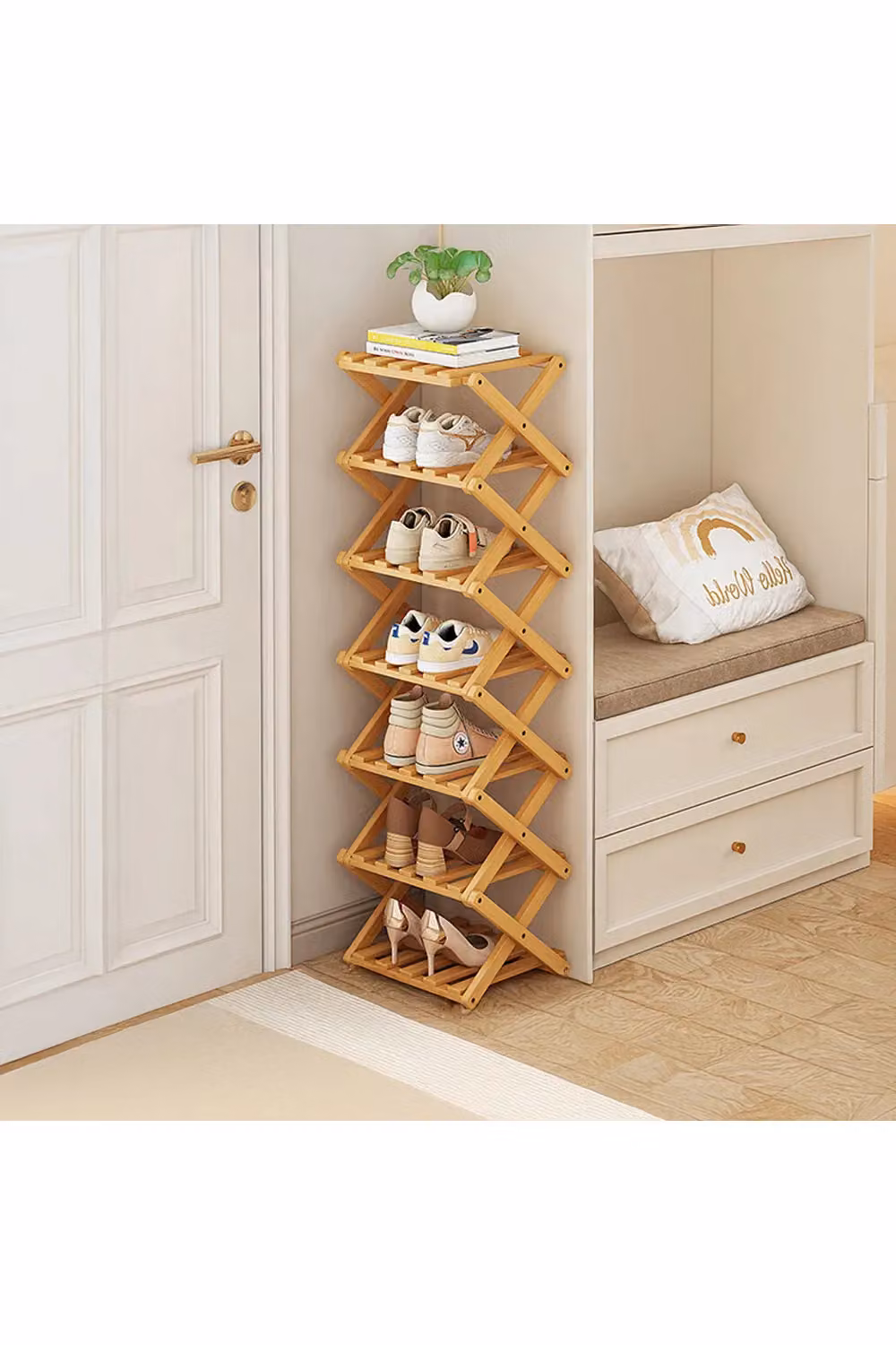 Living and Home Bamboo Folding Shoe Rack Organiser in Light Oak Brown – 2