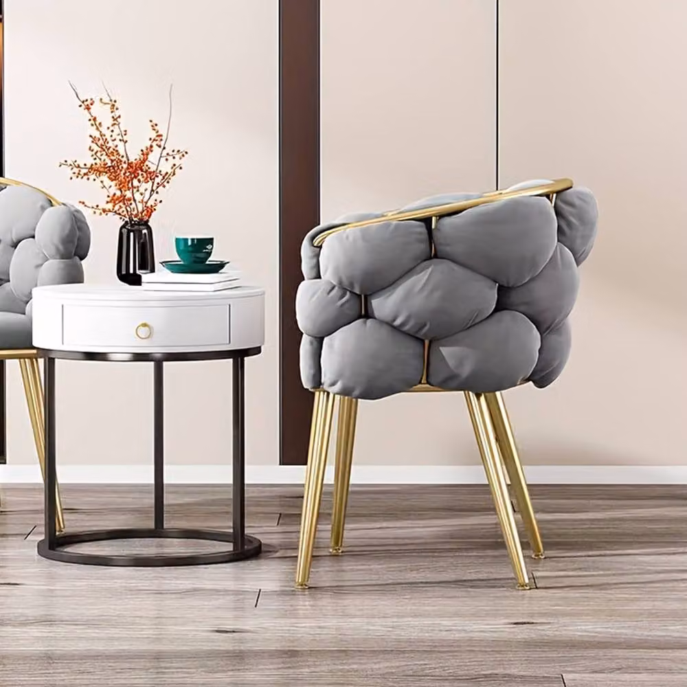 FORGEVIO Grey Upholstered Single Vanity Chair with Backrest and Metal Frame – 3
