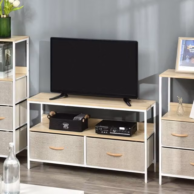 HOMCOM Modern TV Console Unit with Foldable Linen Drawers in Light Grey – 1