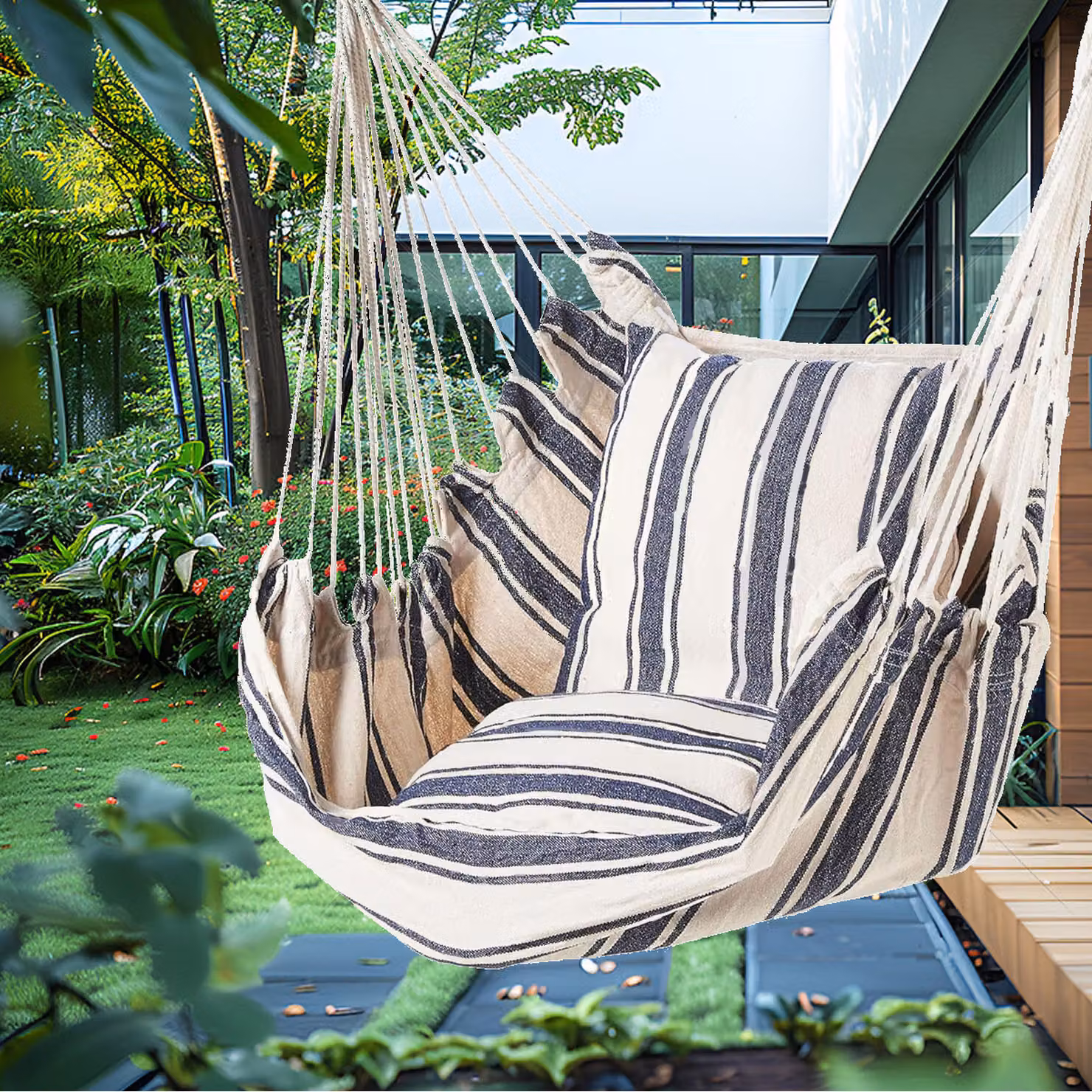 Gr8 Garden Blue and White Striped Boho Egg Hanging Rope Chair Swing Seat with Pillows and Armrests – 2