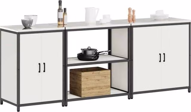 Berkfield Home Modern 3-Piece White Metal Kitchen Storage Set with Hinged Doors and Open Shelves – 1