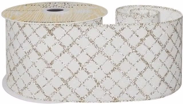 KDMD Cream Wired Ribbon with Gold Diamond Detailing, Width: 6.3 cm, Length: 10 yards