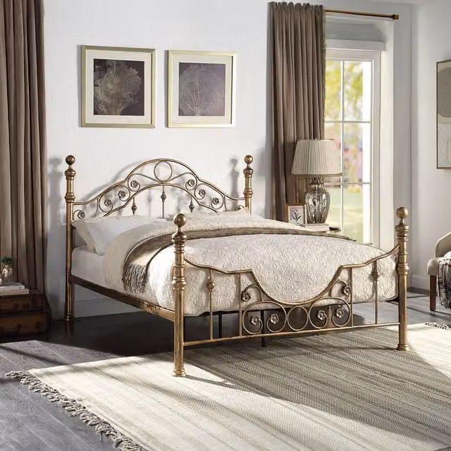 SlumberWorx Gold Metal Bed Frame with Shabby Chic Floral Design