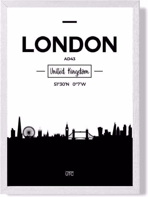 ARTZE London Black and White City Skyline Framed Paper Poster in White Frame – 1