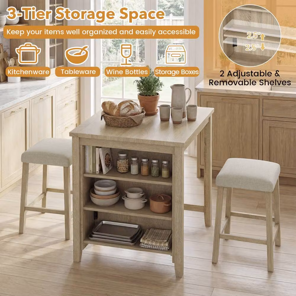 Costway 3-Piece Modern Kitchen Dining Bar Table Set with 2 Stools and Power Outlet in Multicolour – 2