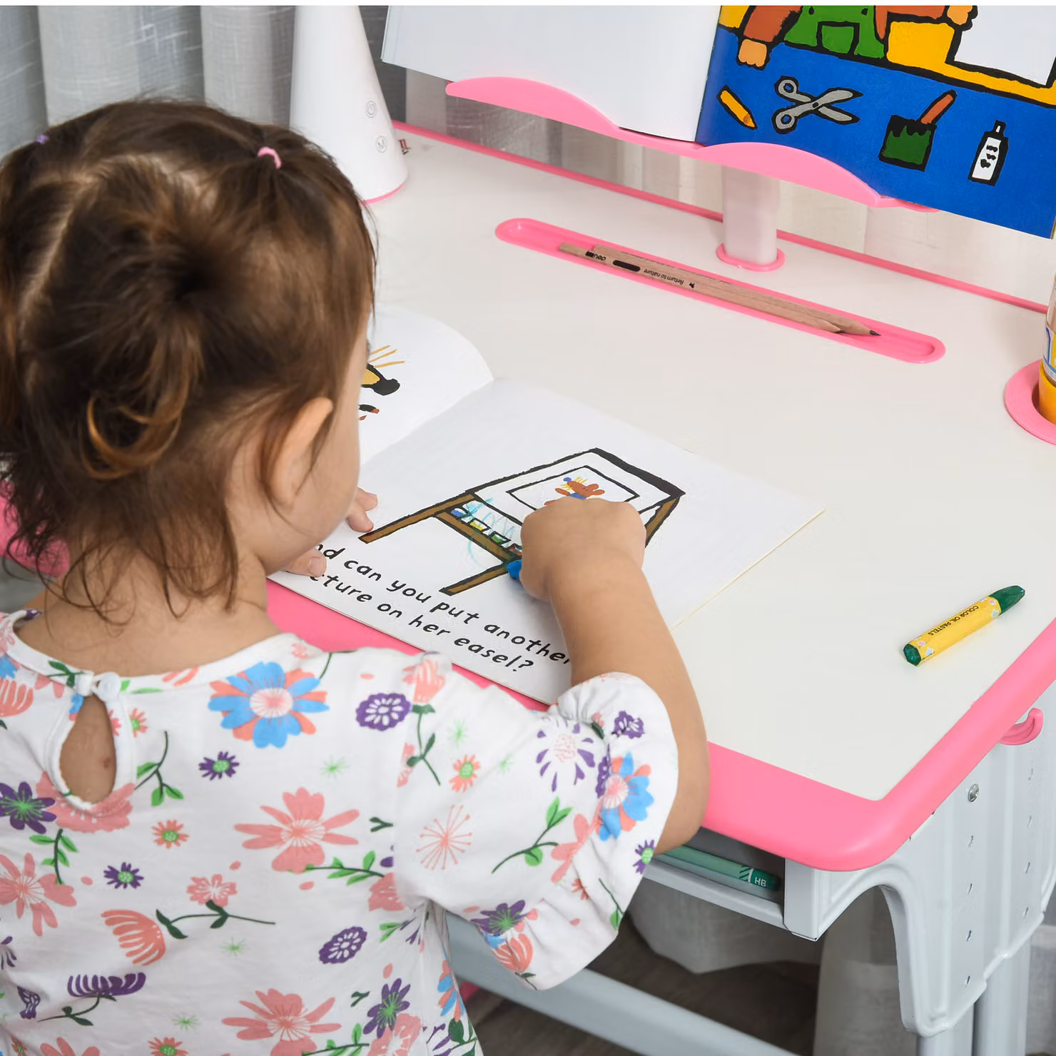 HOMCOM Kids Adjustable Height Study Desk and Chair Set in Pink with Drawer and Book Stand – 4