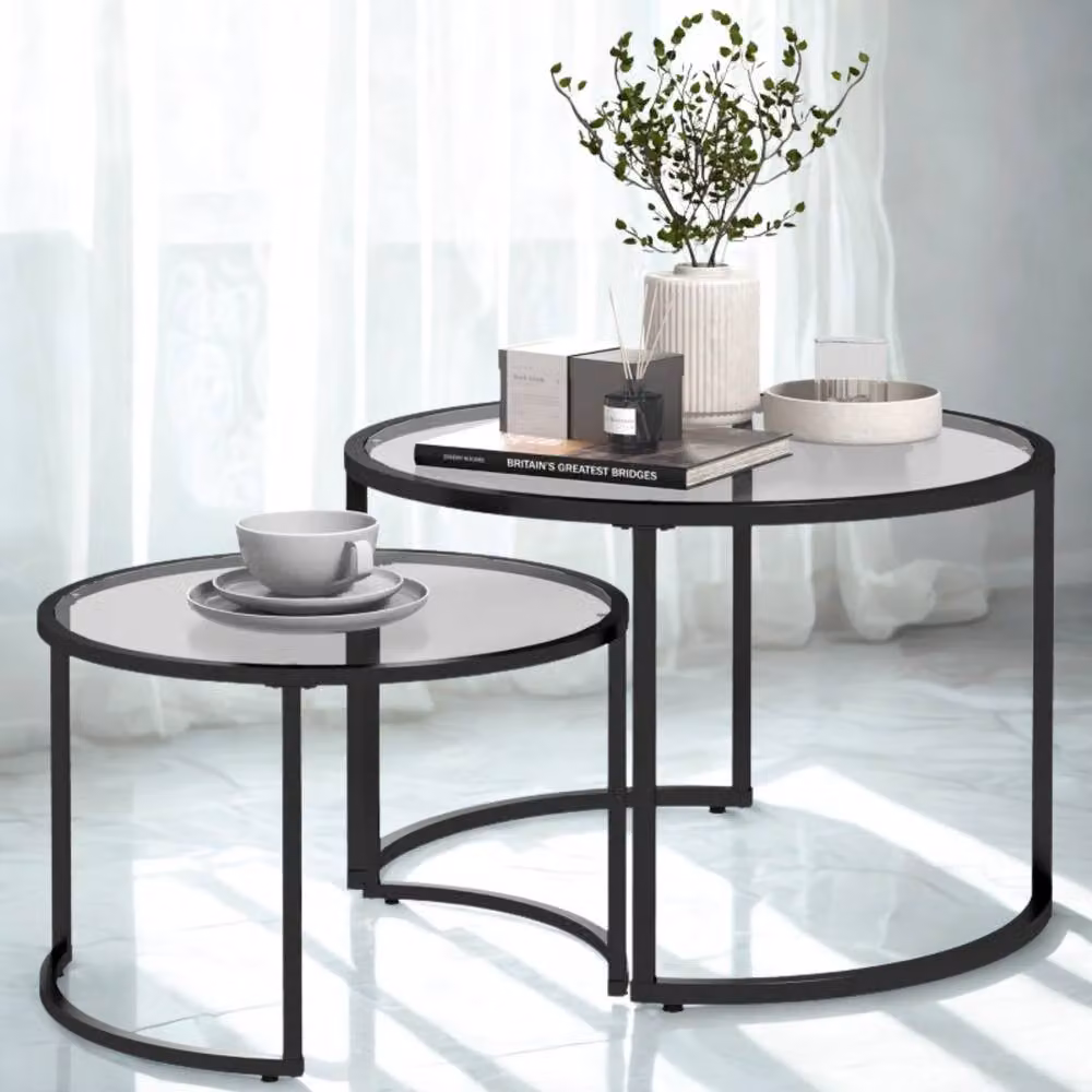 FURNOS Set of 2 Round Black Nesting Tables with Tempered Glass Tops – 6