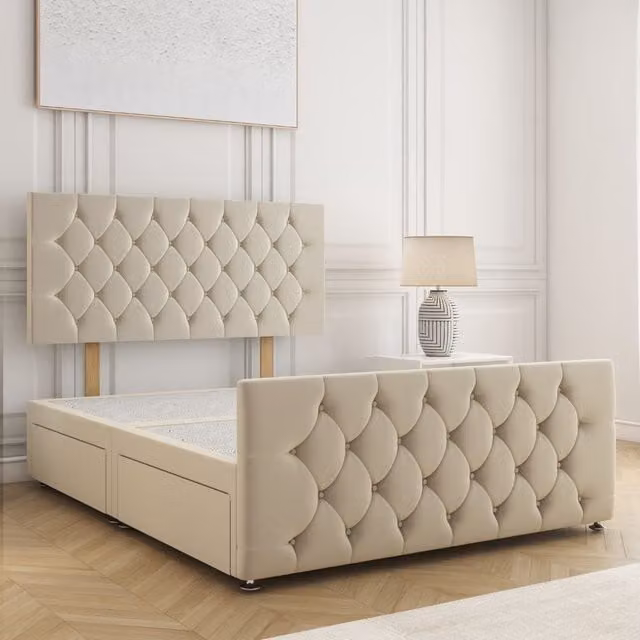 BSSPOKE Maya Velvet Divan Bed with 24 inch Headboard and 2 Drawers in Cream, King Size W/D/H: 180 x 200 cm
