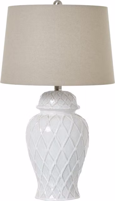 KDMK White Ceramic Ginger Jar Table Lamp with Beige Linen Shade