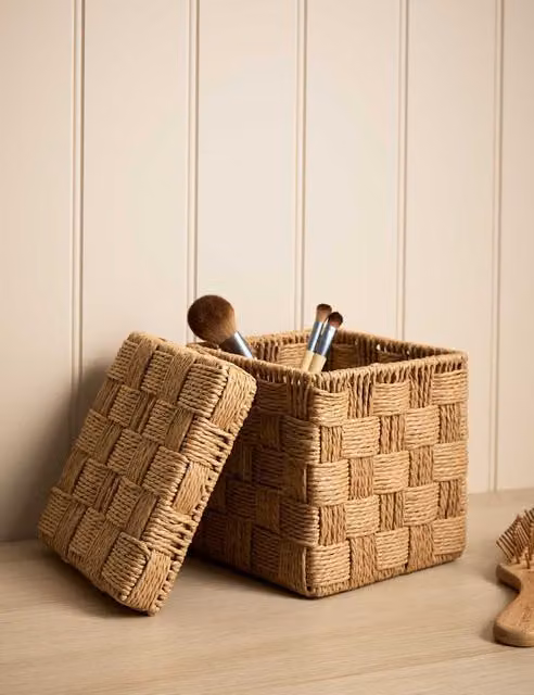 M&S Open Weave Fabric Storage Box with Lid in Beige and Sand