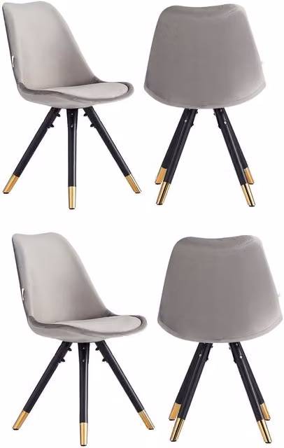 Life Interiors Set of 4 Sofia Ergonomic Modern Dining Chairs Upholstered in Light Grey Velvet with Metal Legs and Gold End Caps – 2