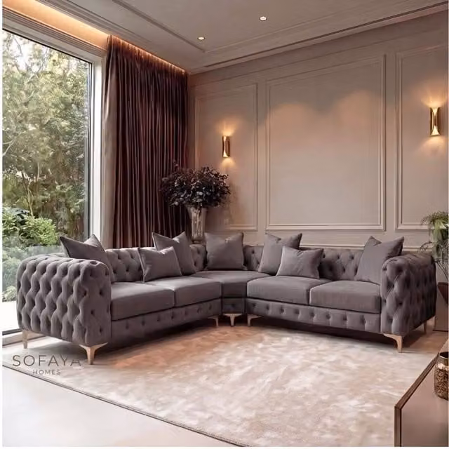 Sofaya Monaco 5 Seater Chesterfield Corner Sofa in Grey Velvet with Left Facing Chaise, W: 220 cm, D: 70 cm