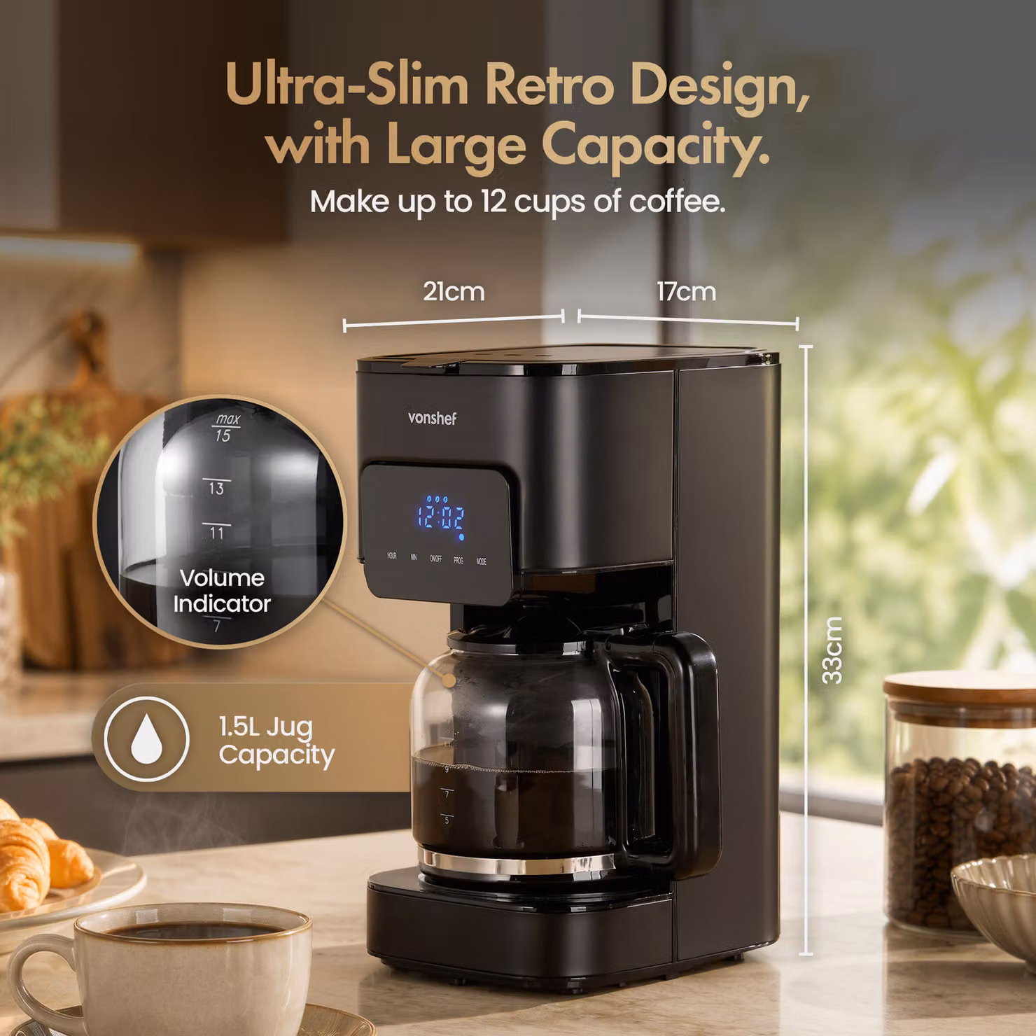 VonShef Retro Digital Filter Coffee Machine, 1.5L, Black – 9