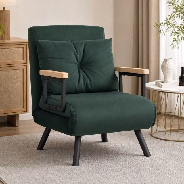 STILVORA 4-in-1 Green Velvet Chair Bed with Pillow