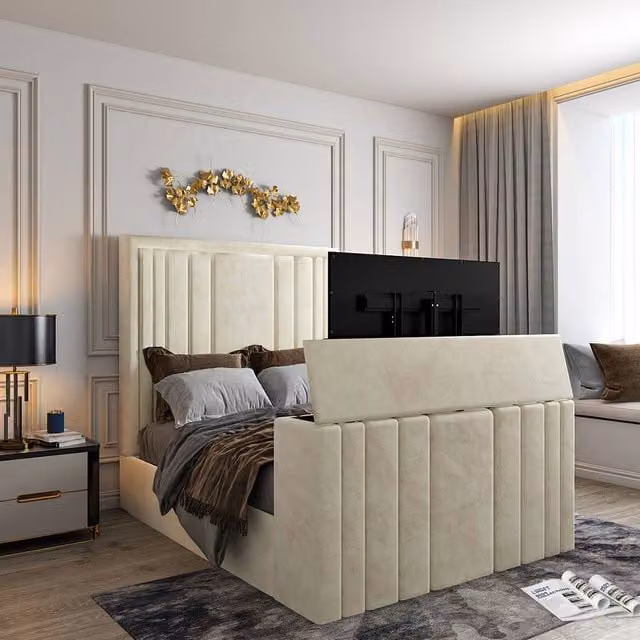 KDMD Artlebeck Bespoke Upholstered Velvet Bed Frame in Beige, Super King, W/D/H: 200 x 152 x 189 cm – 1