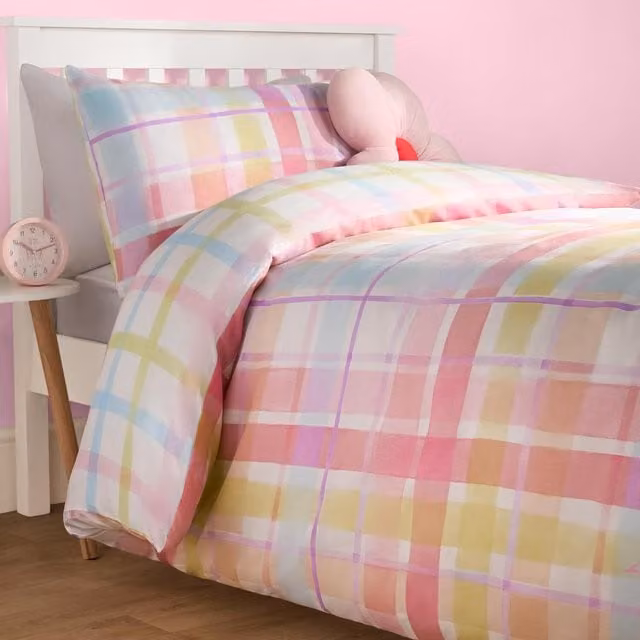 OHS Reversible Gingham Check Duvet Cover and Pillowcase Set, Multicolour, W: 140 cm, L: 200 cm