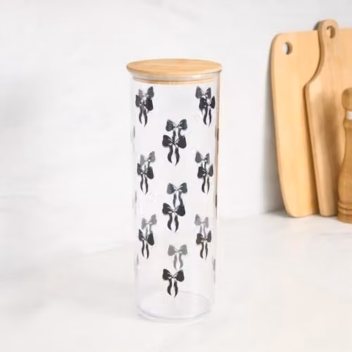 OHS Airtight Bows Food Storage Jar with Bamboo Lid, Black and Transparent Plastic Container – 1