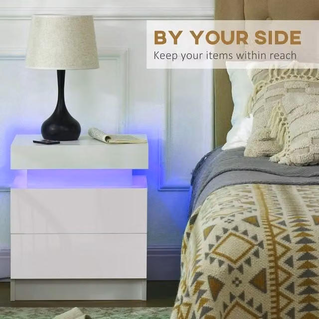 KORVIXA Modern White High Gloss Bedside Table with Integrated Lighting