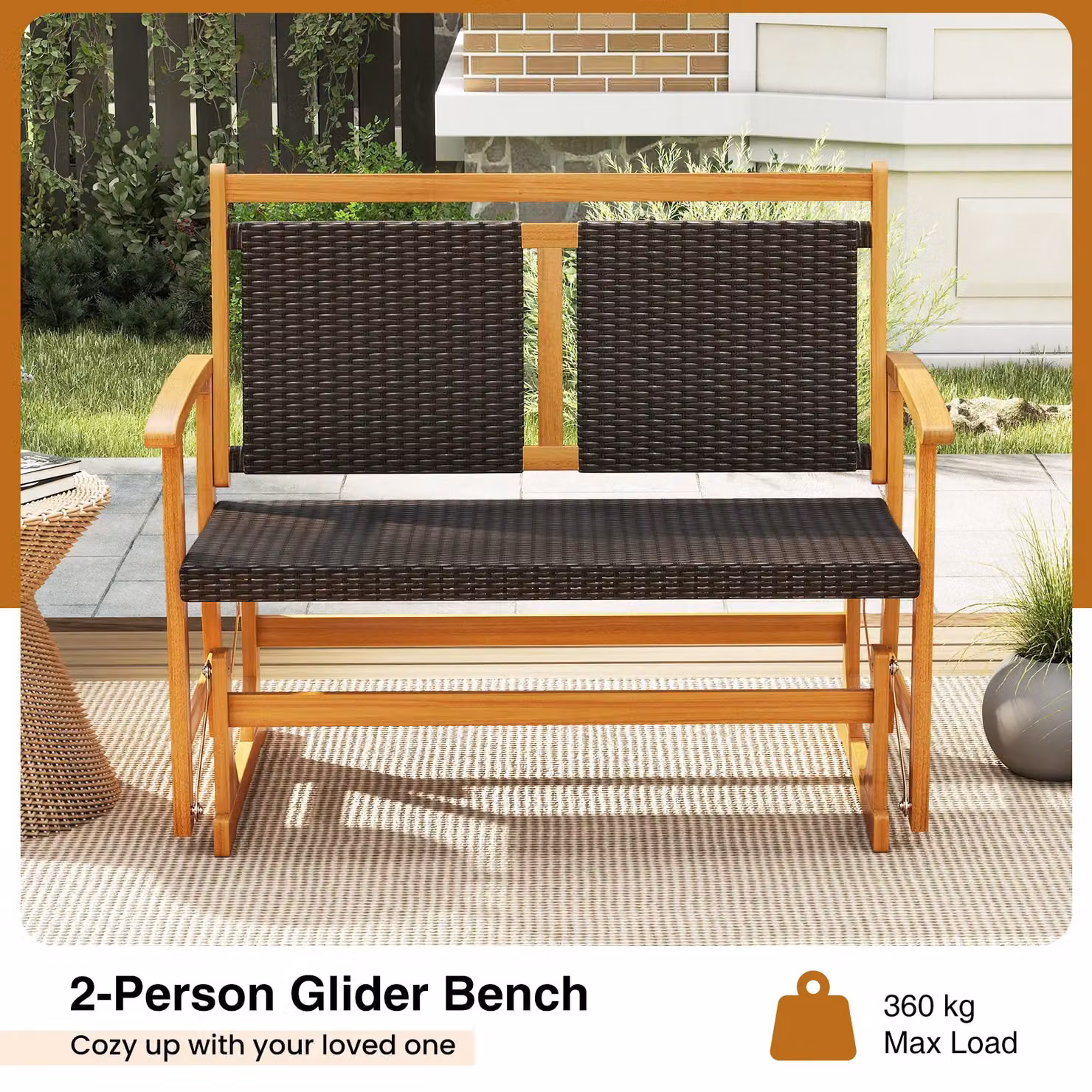 Gymax Outdoor Acacia Wood Glider Bench with Rattan Backrest in Brown – 8