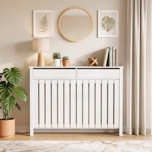 HOMCOM Large Radiator Cover with Drawers and Vertical Slats in White, W/D/H: 119 x 19 x 93 cm – 1